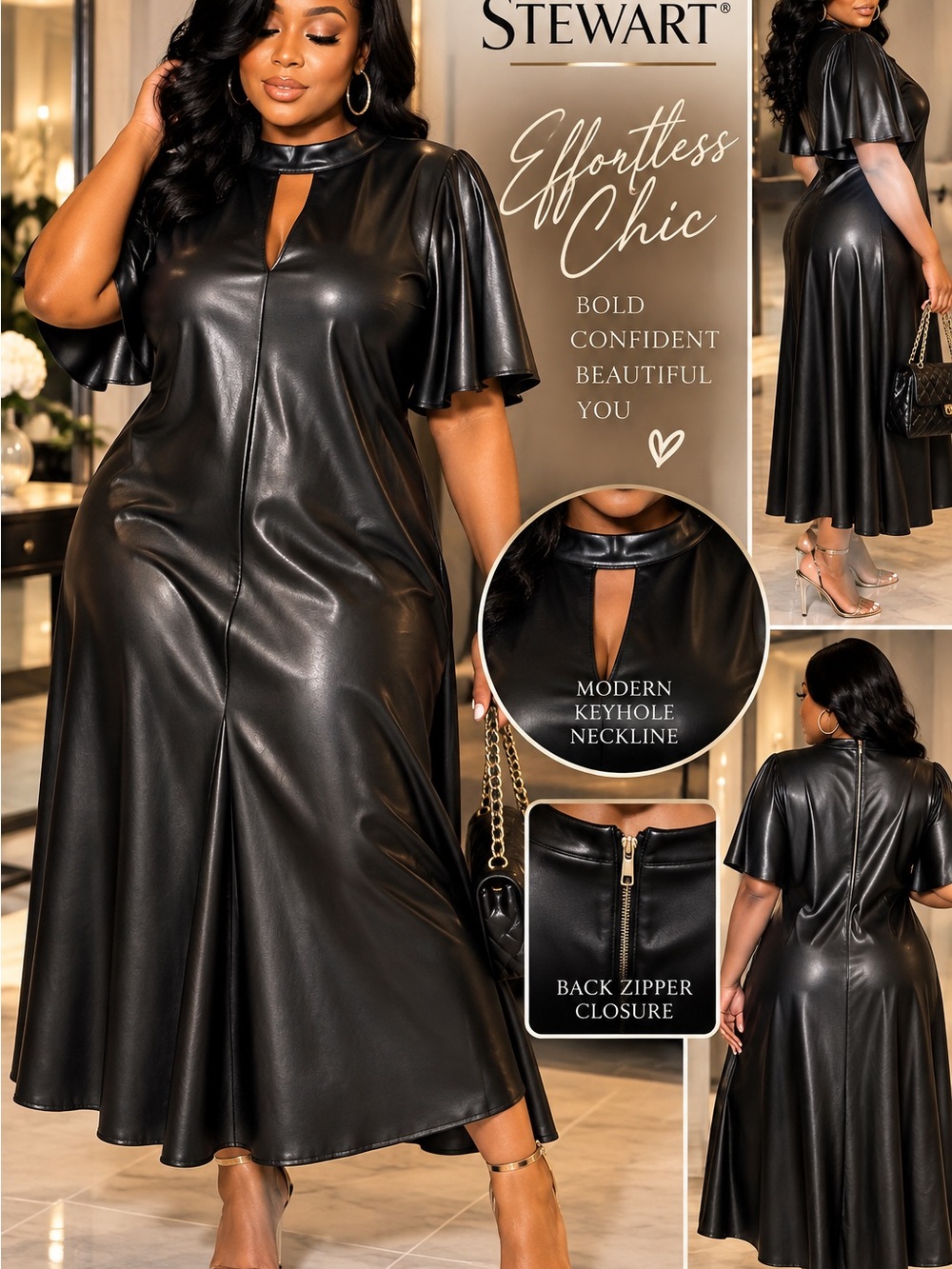Ashley Stewart Black Faux Leather Keyhole Midi Dress size 26/28 NWOT